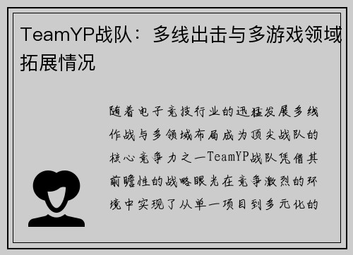 TeamYP战队：多线出击与多游戏领域拓展情况