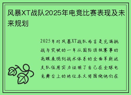 风暴XT战队2025年电竞比赛表现及未来规划